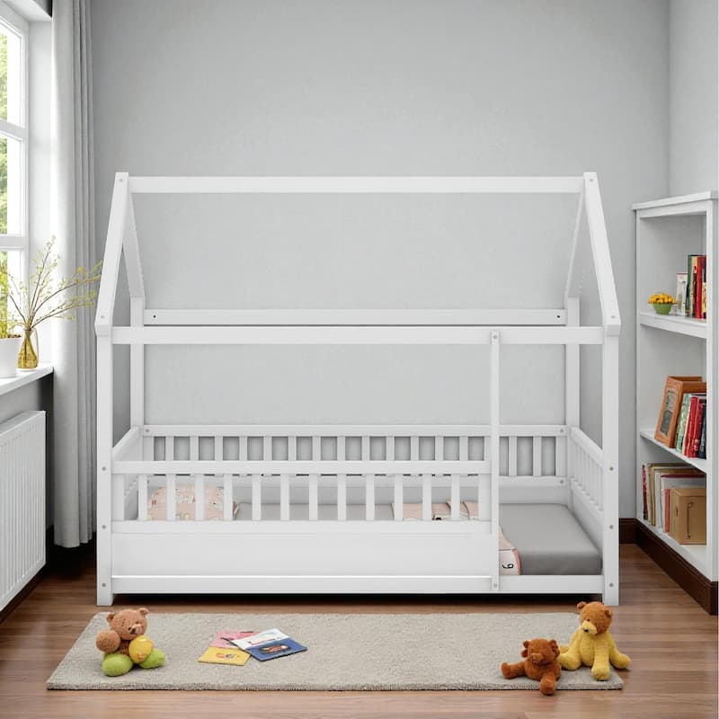 Twin/Full Wooden House Frame Floor Bed with Fence Guardrails, Montessori Style Kids Bed, Pine Wood Low Profile Design