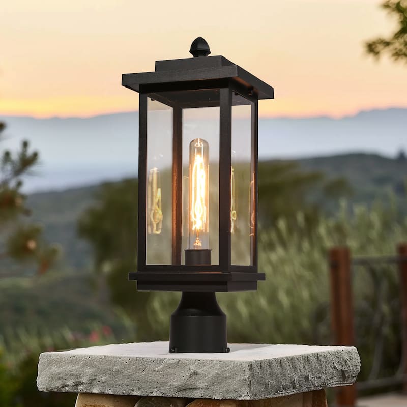 Modern Farmhouse 1-Light Black Outdoor Post Lights Patio Wall Sconces - L 6.7" x W 6.7" x H 17.7"