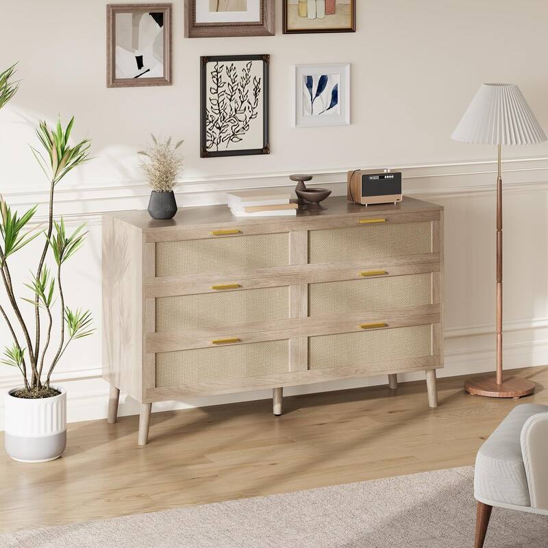 6 Drawer Rattan Dresser, 47.2" x 15.7" x 29.5" Rattan Chest of Dressers, Mid Century Modern Dresser for Closet with Handles