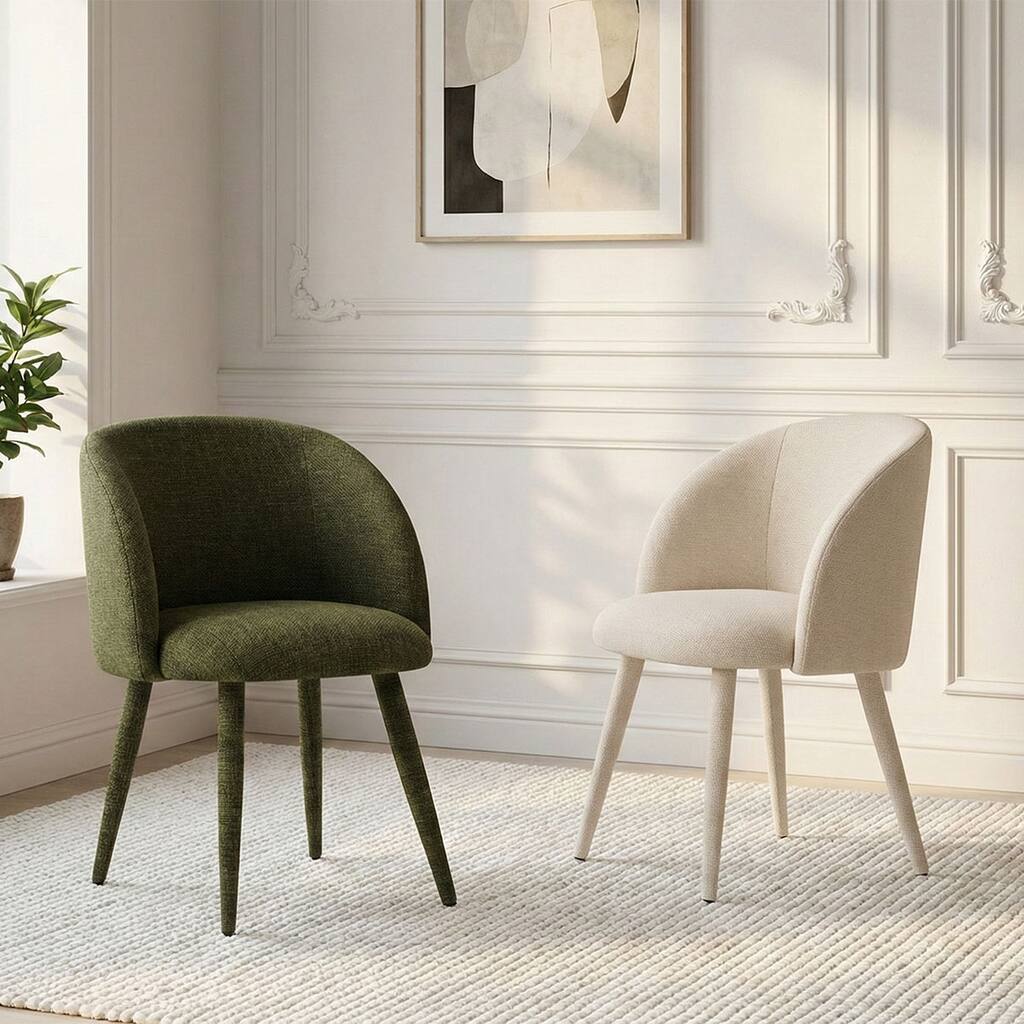 Upholstered Barrel-Back Dining Chairs with Arms and Fabric-Wrapped Legs (Set of 2)
