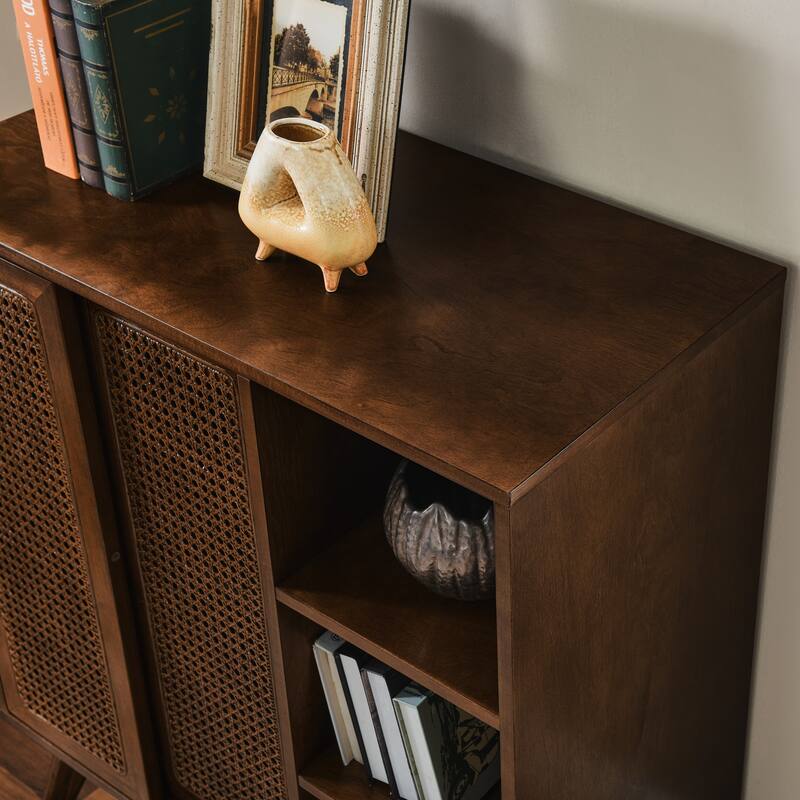 Rustic Rattan Sideboard Buffet Storage Cabinet Walnut Entry Side Cabinet