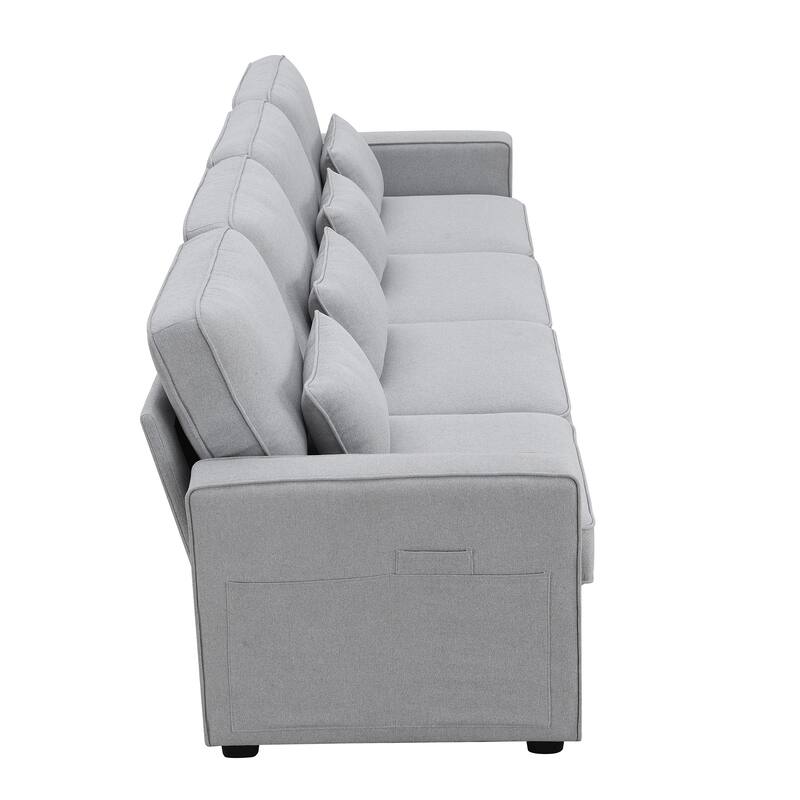 104" 4-Seater Modern Fabric Sofa with Armrest Pockets and 4 Pillows, Light Grey, for Living Room, Apartment, Office