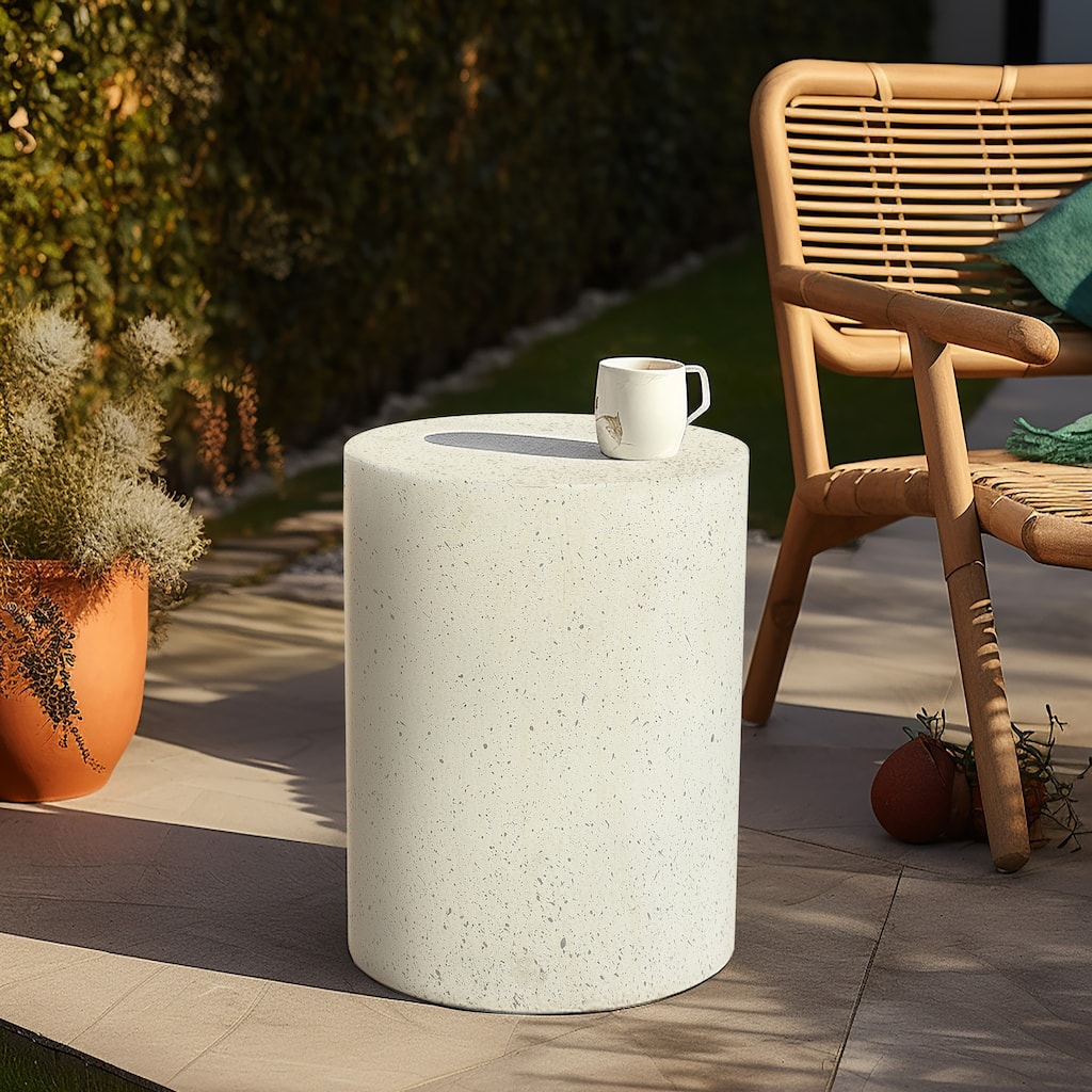 Off White with Speckled Grey Cement Round Indoor Outdoor Side and End Table - 17.91" H x 12.99" Diameter