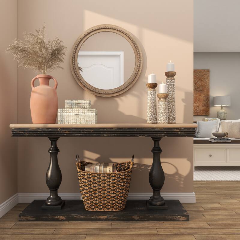 Contemporary Wood Distressed Wall Mirror with Beaded Detailing - Brown or White