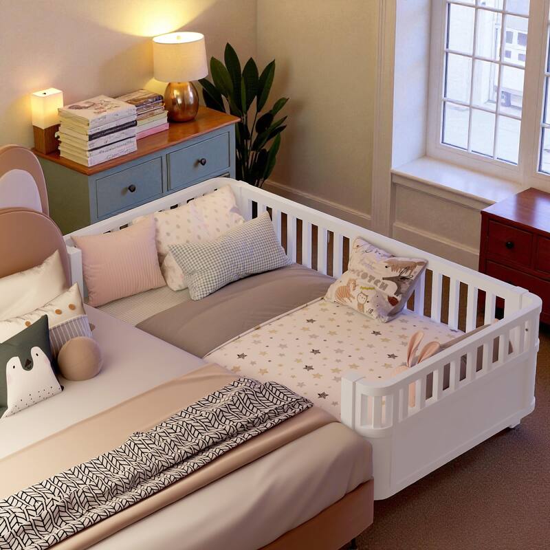 Wood Twin/Full Size Platform Bed with Safety Rails, Low Profile Kids Bed Frame for Girls and Boys