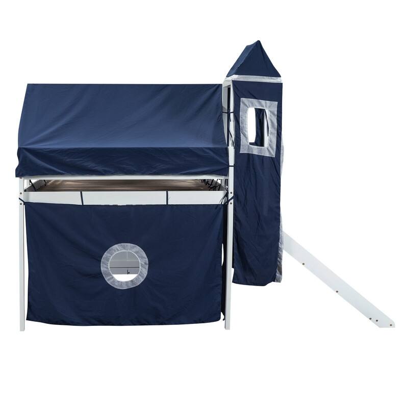 Wooden Full Size Loft Bed with Tent and Tower
