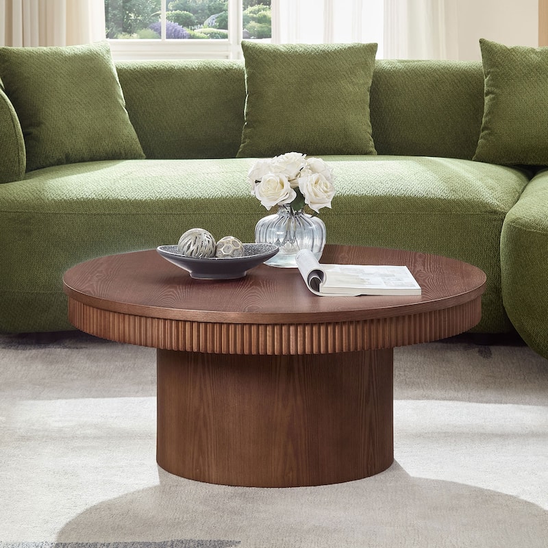 35.43 inch Walnut Round Coffee Table with Solid Wood Ribbed Wave Trim,MDF+ Wood Veneer Table for Living Room,Apartment,Office - Walnut
