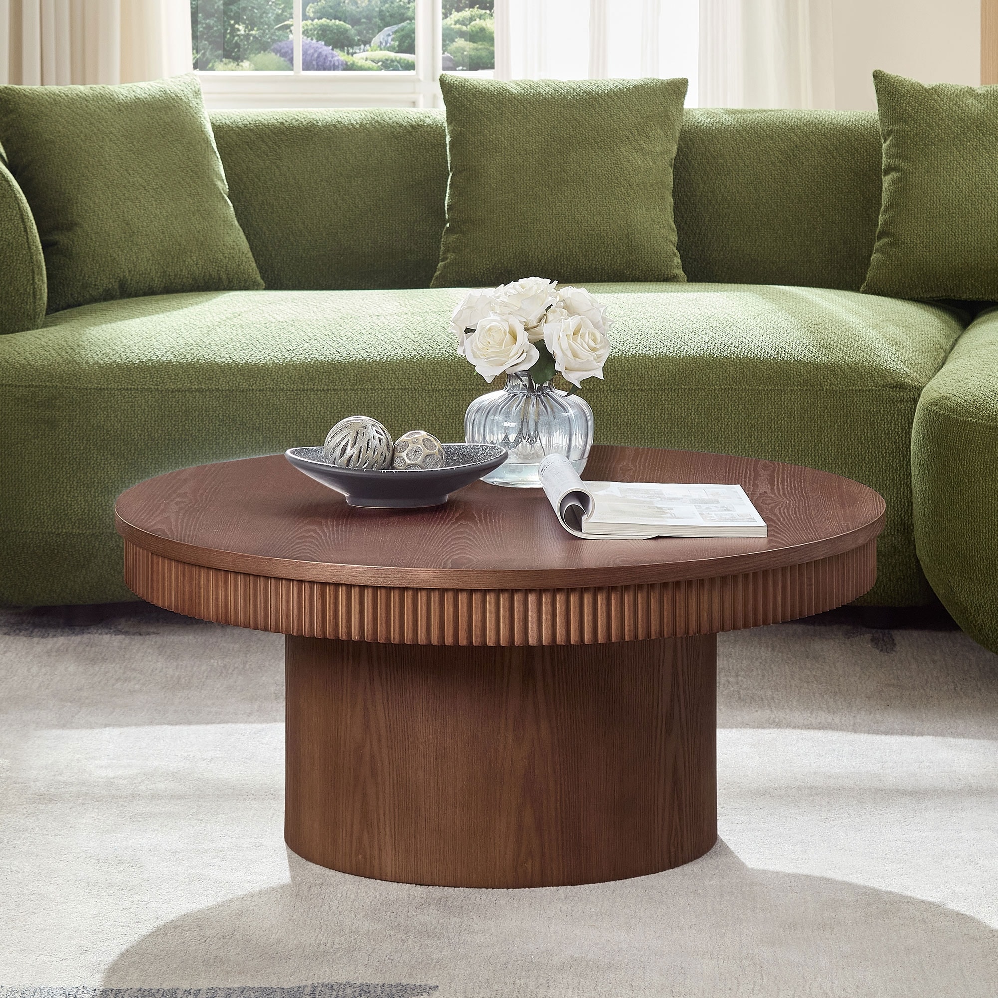 35.43 inch Walnut Round Coffee Table with Solid Wood Ribbed Wave Trim,MDF+ Wood Veneer Table for Living Room,Apartment,Office