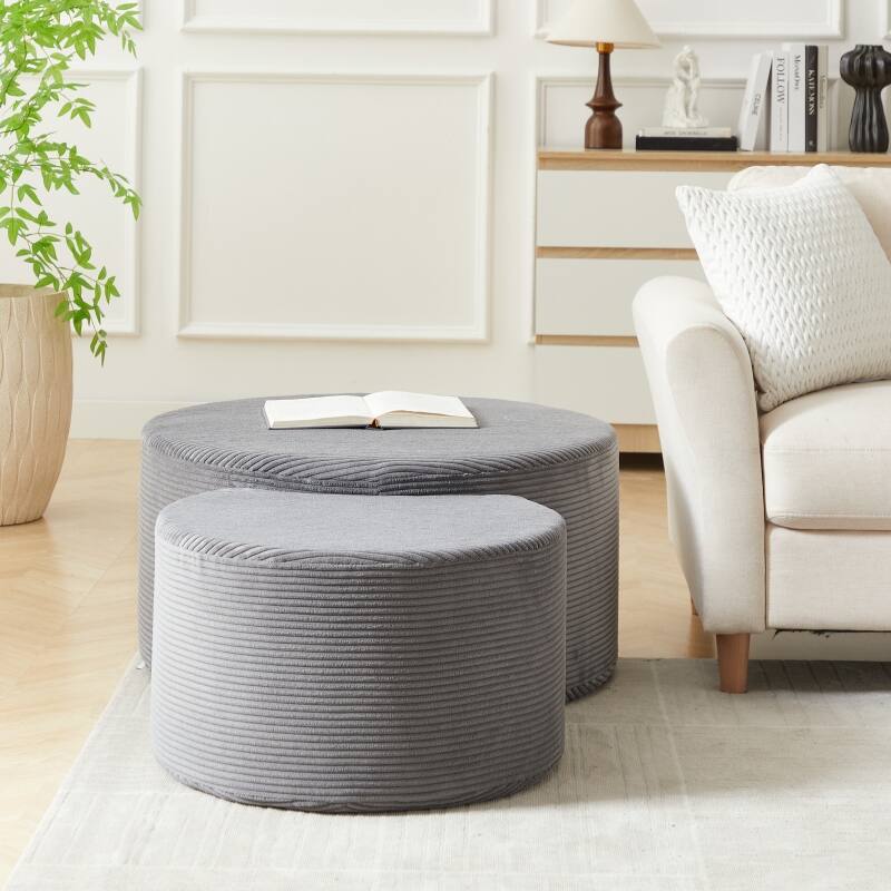 Roomfitters Nesting Ottoman Coffee Table Set of 2, Upholstered Round Foam Tables for Living Room
