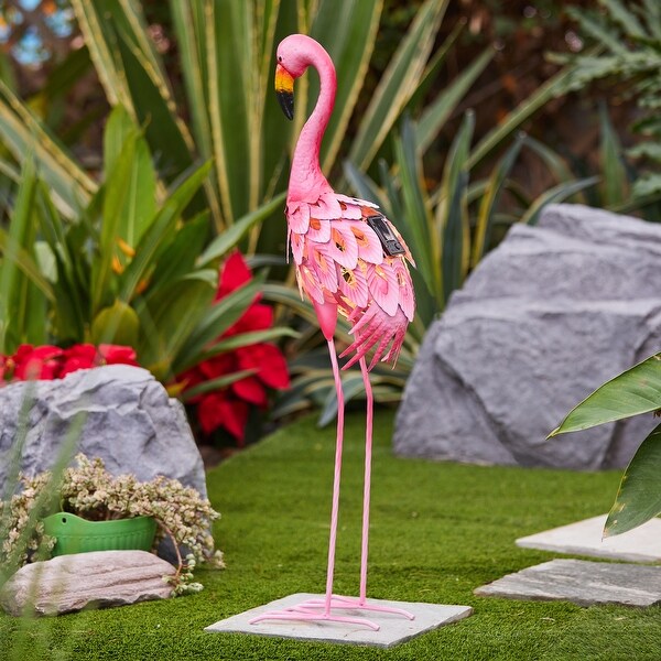 Pink Flamingo Outdoor Metal Garden Statue with Solar Light - 34