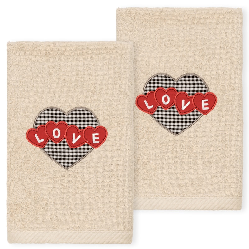 Authentic Hotel and Spa Love Hearts Embroidered Luxury 100% Turkish Cotton Hand Towels (Set of 2) - Sand