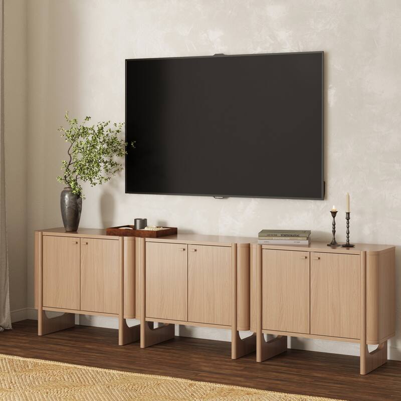 Solace Mid Century Modern Cabinet, Storage Accent Cabinet or TV Stand with Doors, Solid Wood Legs and Adjustable Shelf - Set of 3 - Raw Oak