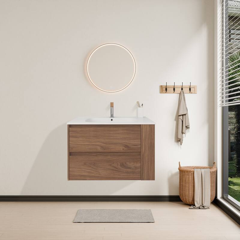 Modland 30" Wall-Mount Vanity with Gel Sink & Soft-Close Drawers - Adjustable Shelf, Brown/Imitative Oak - 30 Inch