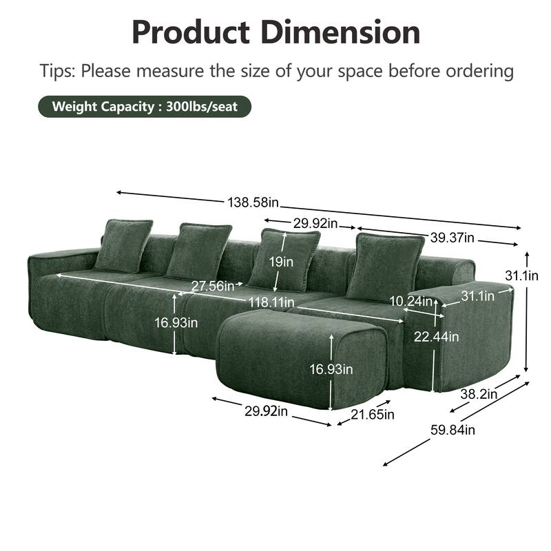 GDFStudio - Velvet Streamlined Modular 4-Seater 138.58" L-Shaped Sectional Sofa with Ottoman