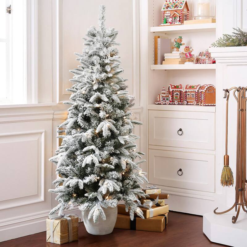 5Ft Pre-Lit Snow Flocked Slim Fir Potted Artificial Christmas Tree - 60" H x 29.9" Diameter