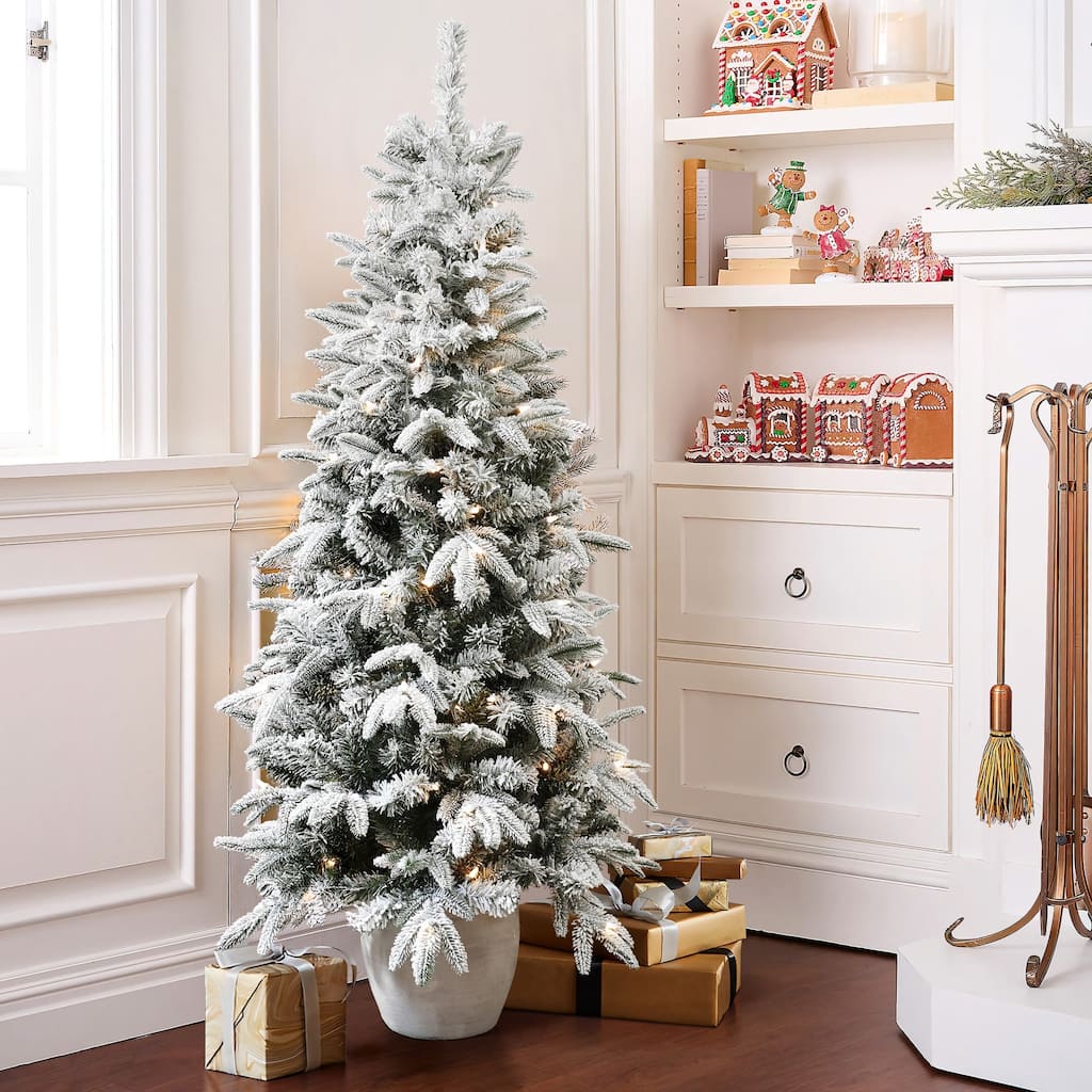 5Ft Pre-Lit Snow Flocked Slim Fir Potted Artificial Christmas Tree - 60" H x 29.9" Diameter