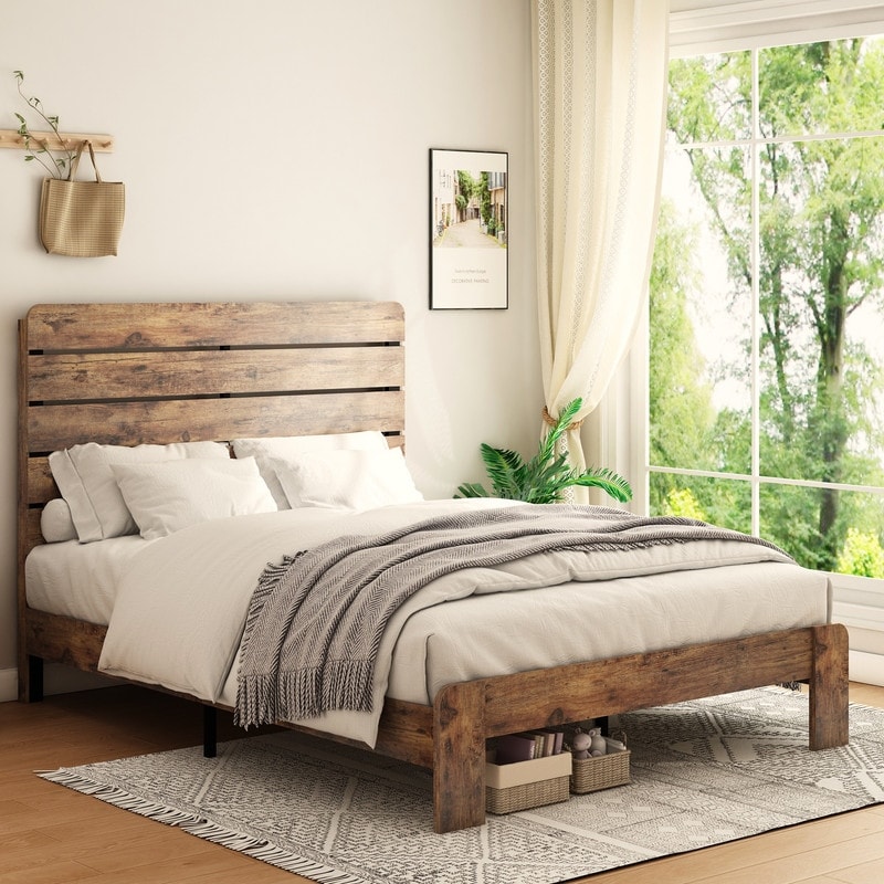 Rustic Farmhouse Dark Brown Queen Size Wood Platform Bed Frame for Bedroom