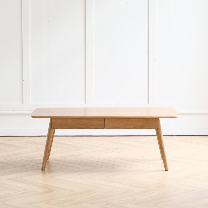 Natural Solid Oak Coffee Table with Storage Shelf, Easy Assembly