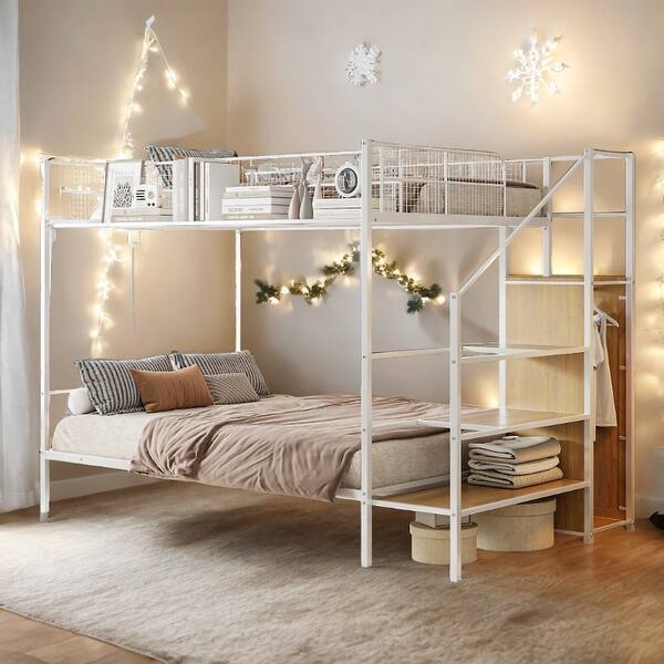 slide 2 of 12, Versatile Design Twin over Full Metal Bunk Bed with Ladder and Wardrobe-White White