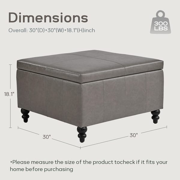 dimension image slide 1 of 5, Leather Square Storage Ottoman for Living Room, Brown/ Black 30"W x 30"D x 18.1"H