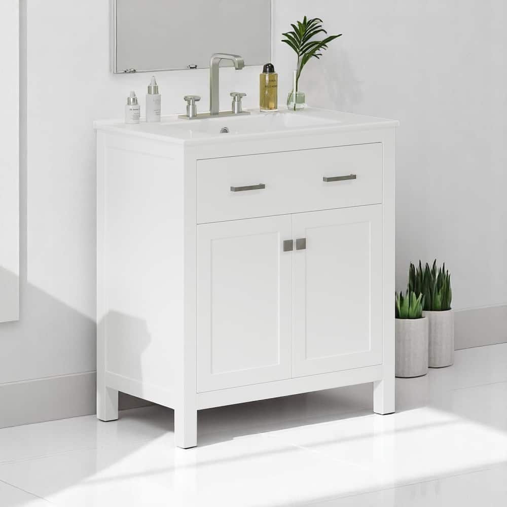 30" Modern Bathroom Vanity with Ceramic Sink, Soft-Close Doors, Flip-Out Drawer & Adjustable U-Shaped Shelf
