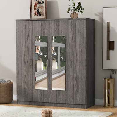 Roomfitters 4-Door Mirror Wardrobe with Built-In Shelves, Spacious Storage, and a Contemporary Look, Grey