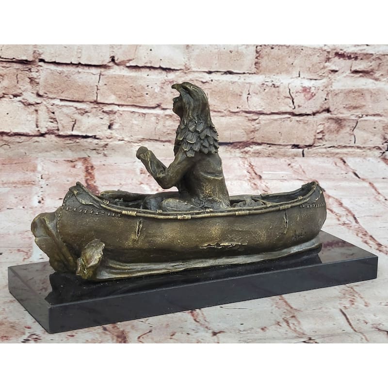 Native American Indian Man In Canoe Bronze Statue Sculpture Figure 7 Inches X 10 Inches