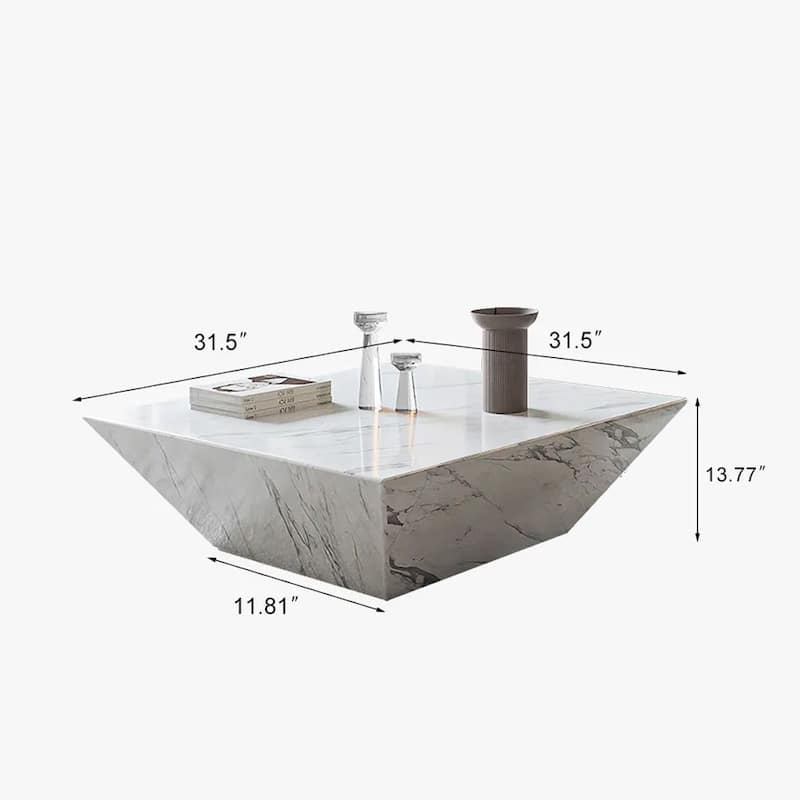 Modern Square Coffee Table, Trapezoid White Sintered Stone Coffee Table, Fully-assembled