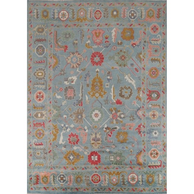 All-Over Blue Oushak Oriental Area Rug Hand-Knotted Wool Carpet - 9'2"x 11'11"