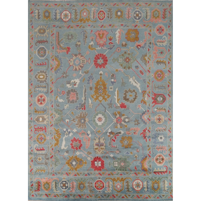 All-Over Blue Oushak Oriental Area Rug Hand-Knotted Wool Carpet - 9'2"x 11'11"