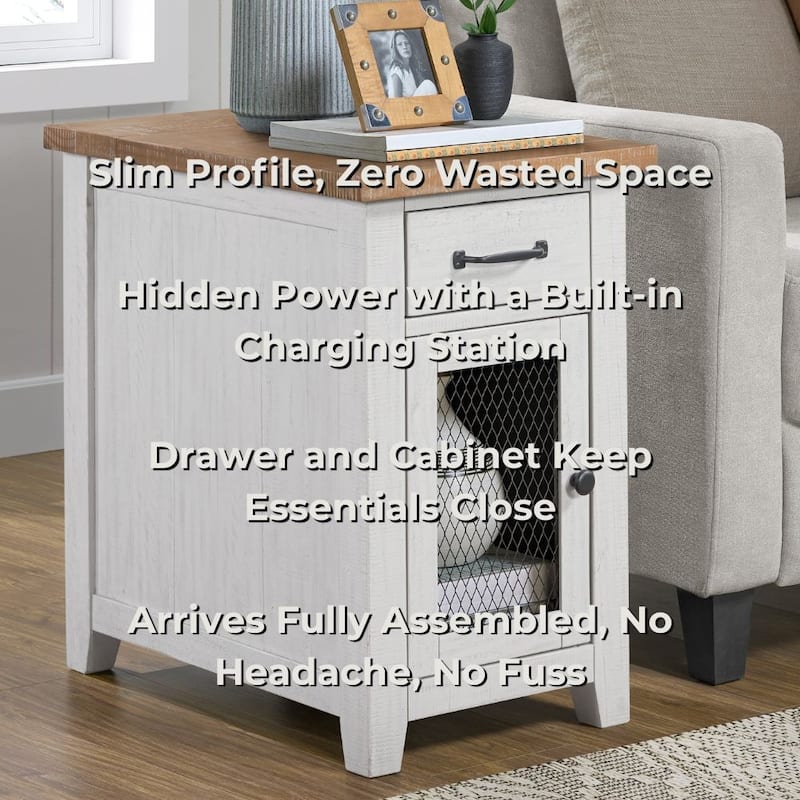 Rustic Solid Wood Chairside End Table with Hidden Charging Station