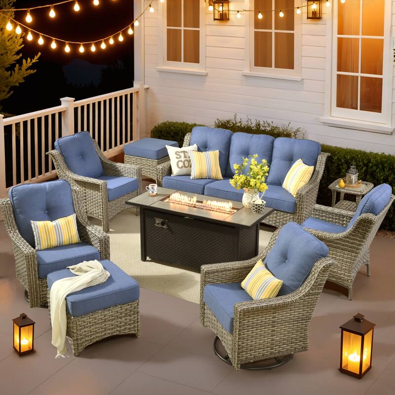 HOOOWOOO 9-piece Patio Furniture Set High Backrest Swivel Chairs with Fire Pit - Diamond Blue
