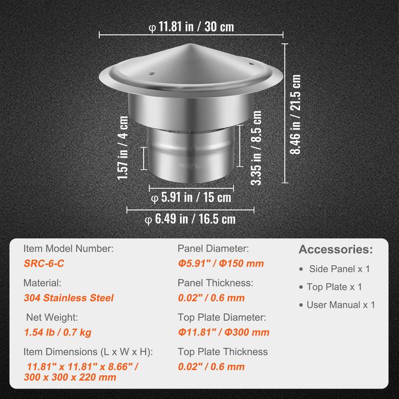 Chimney Cap, 6 inch, 304 Stainless Steel Round Roof Rain Cap, 11.81-inch Increased Caps, All Weather & Reinforced Screws