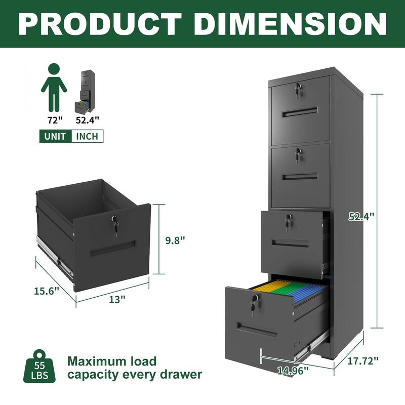 Metal Narrow File Storage Cabinet with Anti-Tilt Drawers, 4 Drawer Vertical Filing Cabinet with Lock