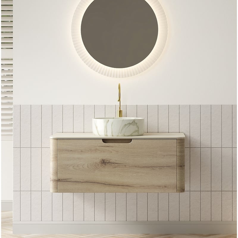 Floating Bathroom Vanity with Round Sink, Wall-Mounted Bathroom Storage Cabinet with Roma Travertine-Pattern Sintered Stone Top - White Oak + Stone Pattern Round Ceramic Basin - 36 Inch