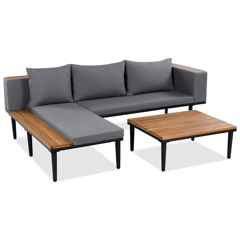 L-Shaped Outdoor Acacia Wood Sectional Sofa Set with Coffee Table and Side Table, Removable Cushions