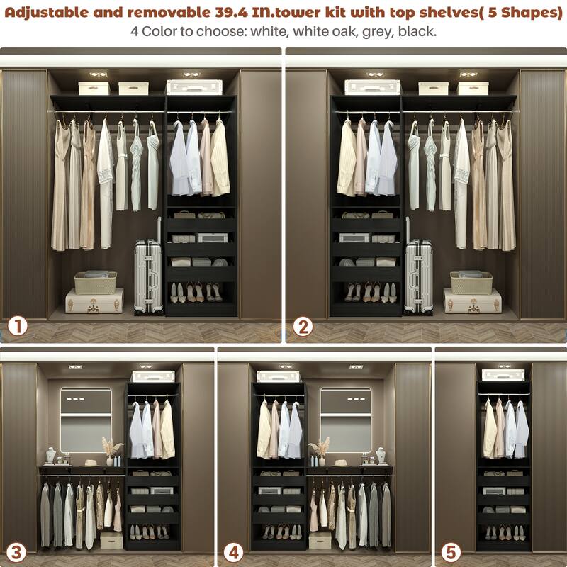 20"-60" Closet System with 3 Wooden Drawers and Sturdy Shelves and Retractable Rods