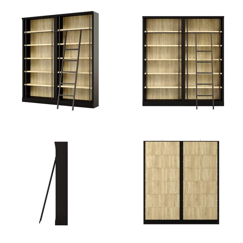 Large Ladder Bookshelf with Adjustable Rolling Ladder, Tall Library Bookcase Storage Display Unit