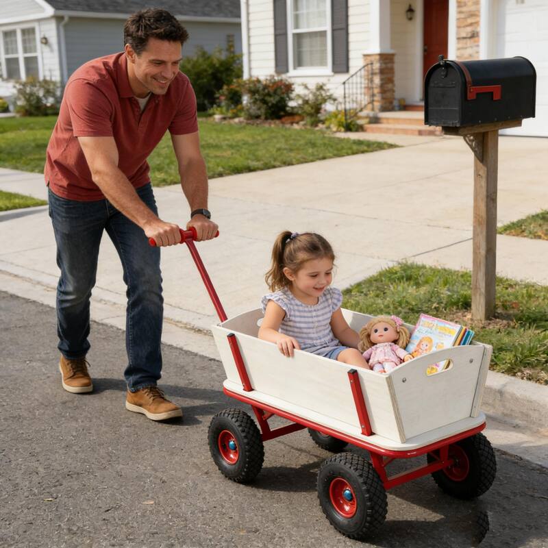 Four-Wheel Wooden Carriage - 260lb Capacity Children's Outdoor Stroller & Garden Cart