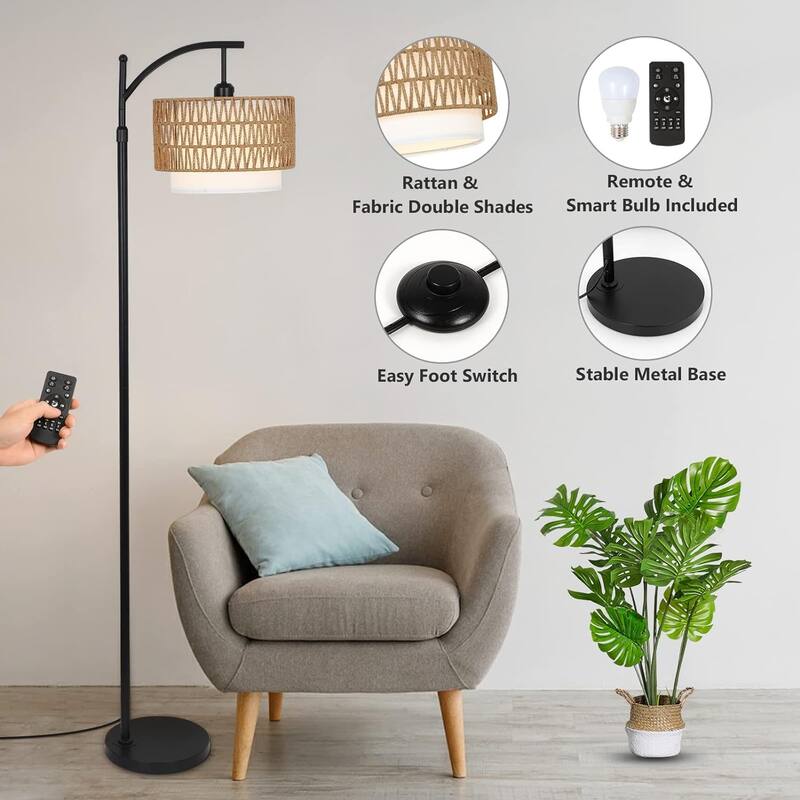Arc Floor Lamp with 3 Color Temperatures,Remote & Dimmable Bulb,Standing Lamp with Rattan & Fabric Shades,Adjustable Tall Lamp