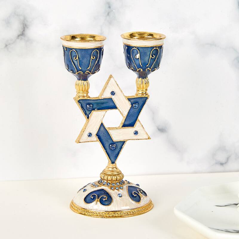 Matashi Oil Candle Holders | Displays 2 Candles | Blue, Intricate Details with Matashi Crystals | Modern Home Decor