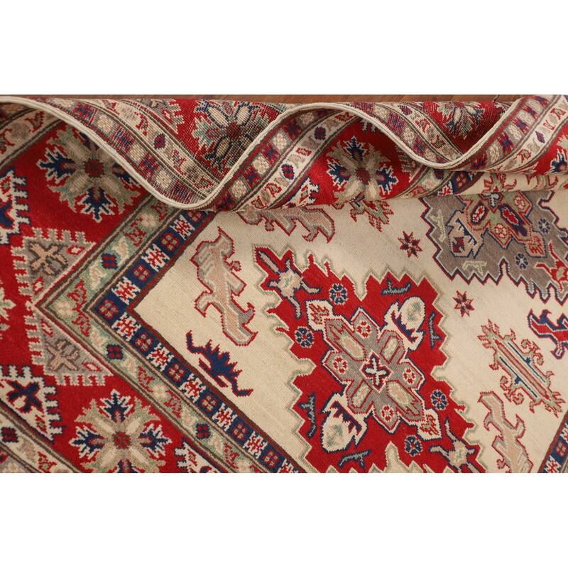 Kazak Oriental Area Rug Hand-Knotted Beige Geometric Wool Carpet - 5'1" x 6'7"