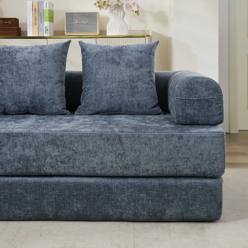 3-Tier Design Convertible Chenille Sofa Bed, Folding Sleeper Floor Sofa with Pillows, No-Assembly Modular Sofa Couch