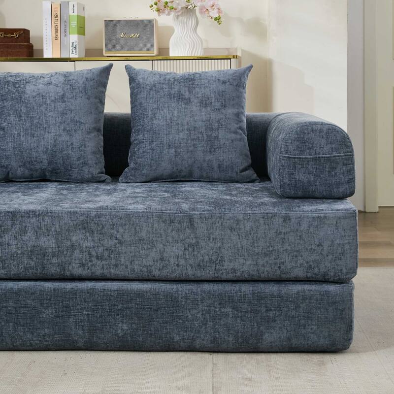 Chenille Folding Sofa Floor Sleeper Bed Chaise Lounger Couch 3-in-1 Comfy Mattress with Reversible Arm Pillows and Non-slip Pad