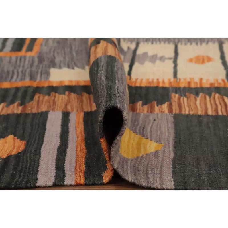 Hand Woven Oriental 100% Wool Carpet Southwestern Tribal Greys & Charcoal Kilim Area Rug - 10' 0'' X 7' 1''
