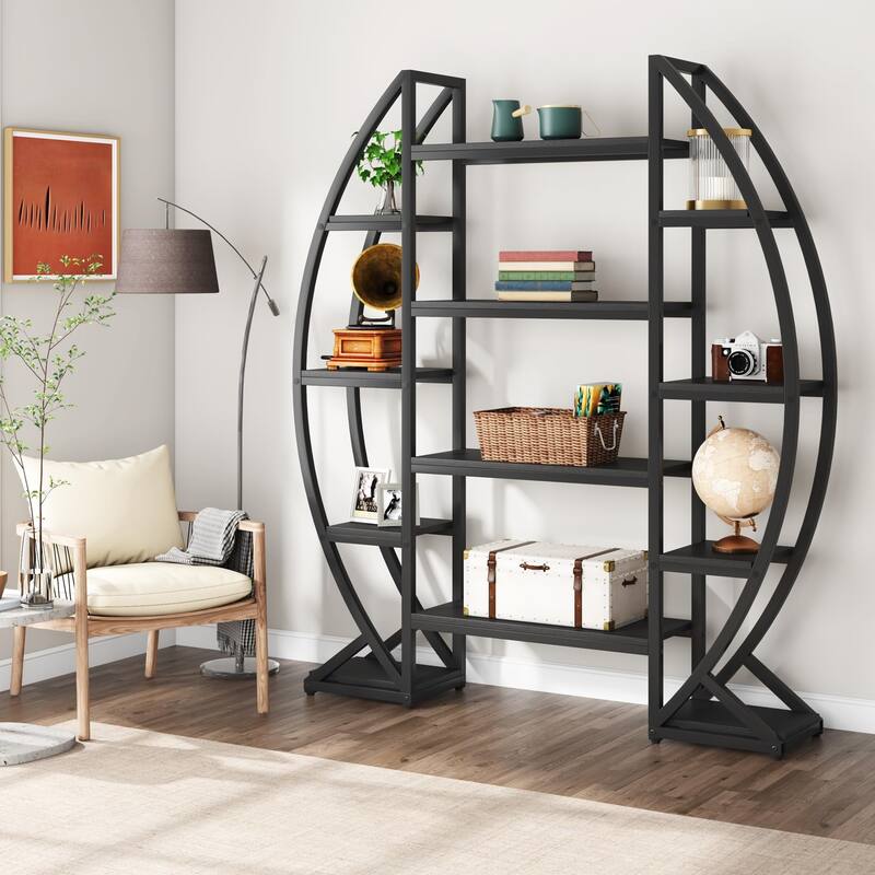 Industrial Bookshelf, Oval Triple Wide 5 Tiers Etagere Bookcase - 11.81"D x 55.11"W x 69.68"H