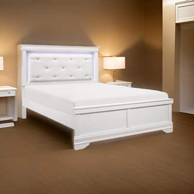 Teich Queen Bed, LED, Crystal Tufted Faux Leather Upholstery, White Wood