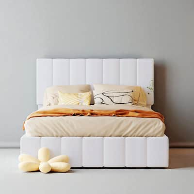 Full/Queen Upholstered Platform Bed with Hydraulic Lift Storage and Linen Headboard, No Box Spring Needed