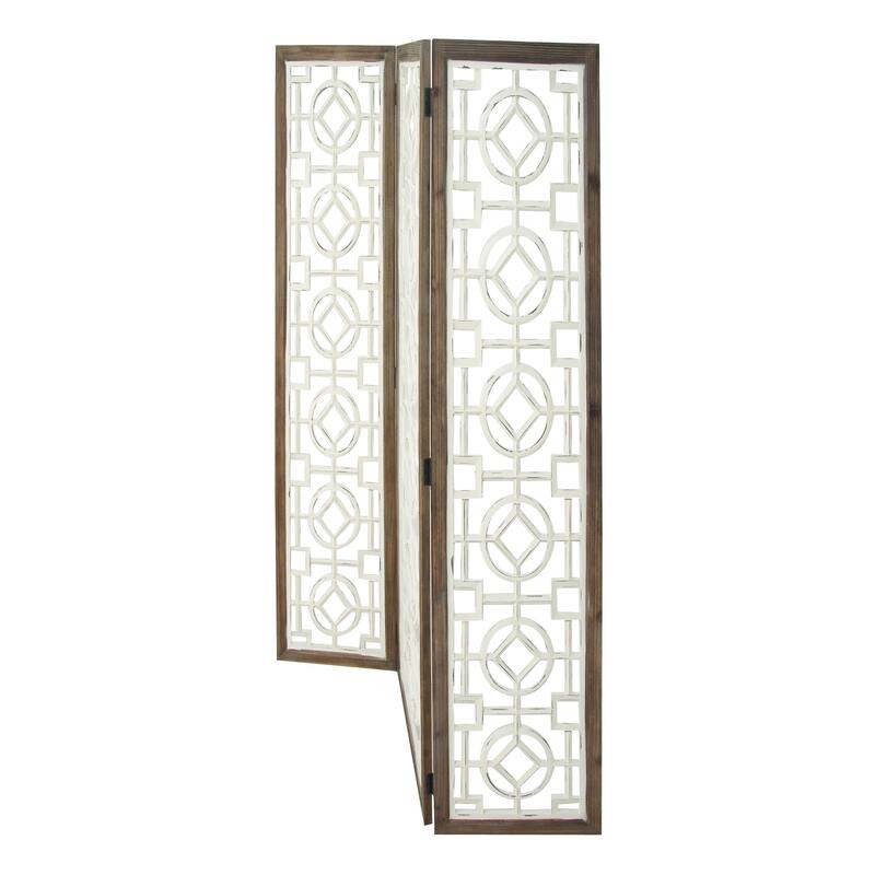 Wood Geometric Hinged Foldable Partition 3 Panel Room Divider Screen with Intricately Carved Designs - White - Roche River Decor
