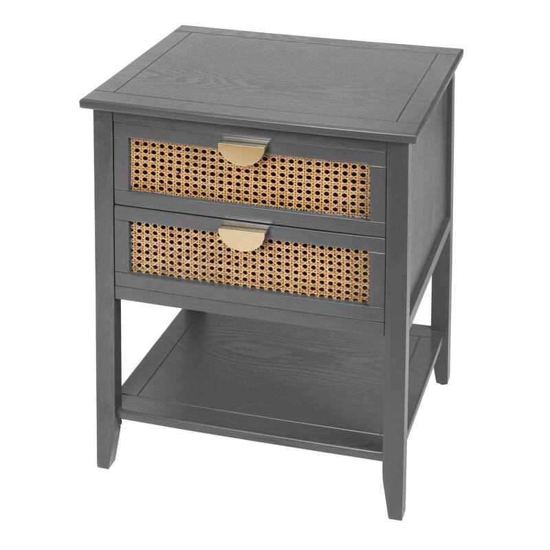 Rattan Haven Natural Style Wooden End Table with 2 Drawers and Open Storage Shelf